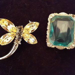 Swarovski Crystal Butterfly & "1928" Auqa Brooches